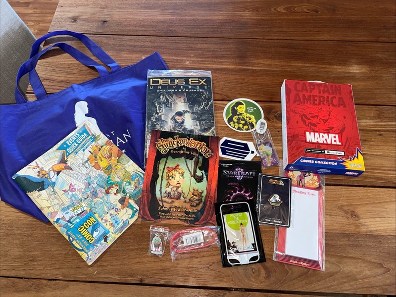 LOT of SDCC 2025 Promo Items, Event Guide, Marvel Canvas Pins Bag Etc. J1