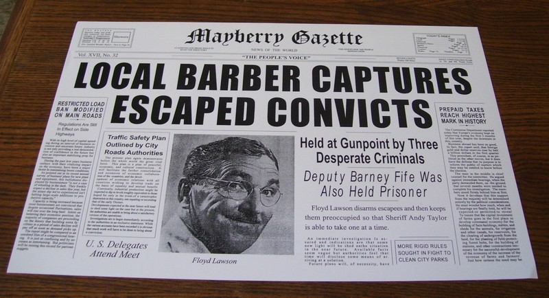 MAYBERRY GAZETTE–FLOYD LAWSON – HOWARD McNEAR Andy Griffith pink ORIGINAL PRINT