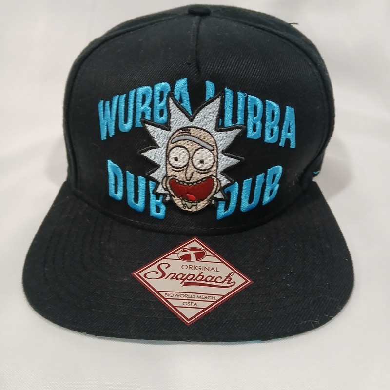 Rick and Morty Snapback Hat Wubba Lubba Dub Dub Embroidered Black Blue Flat Brim