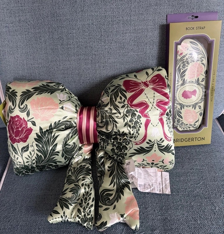 Netflix Bridgerton Queen Charlotte Bow Pillow Bow to Impresston & Book Strap NWT