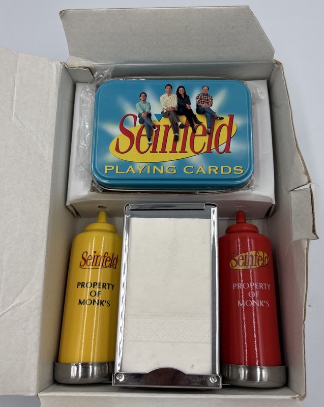 Seinfeld Property of Monk’s Mustard Ketchup Salt Pepper Shakers & Playing Cards