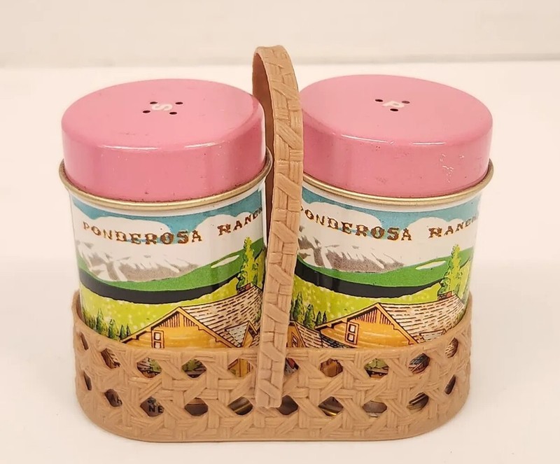 BONANZA Ponderosa Ranch LAKE TAHOE NEVADA Salt & Pepper SHAKERS & Basket Carrier