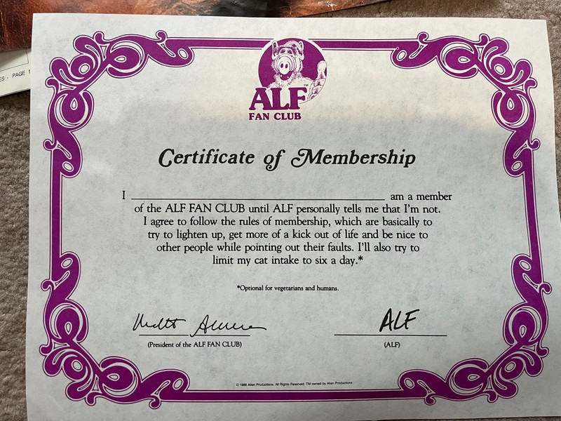 VINTAGE OFFICIAL ALF FAN CLUB KIT CERTIFICE STICKERS MENU POSTERS CARD+more1980s gallery