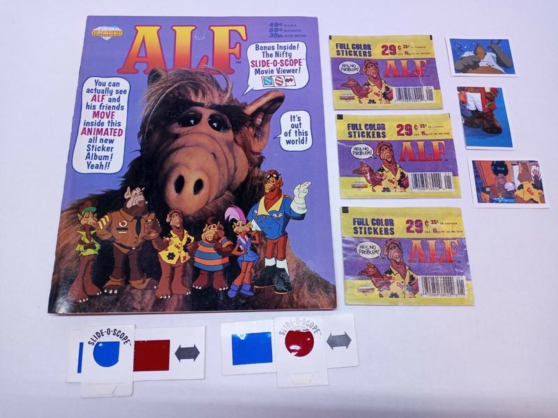Vintage ALF STICKER ALBUM 1987 WITH SOME STICKERS AND SLIDE-O-SCOPE MOVIE VIEWER