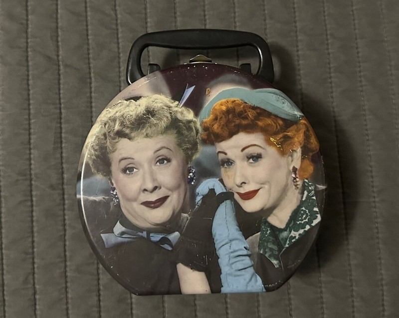 Vintage I Love Lucy with Ethel Round Metal Tote Lunch Box Collectable Tin