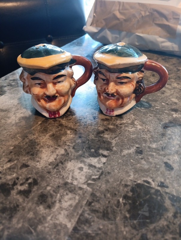 Vintage 1955 Toby Mug Salt and Pepper Shakers Japan Hand Painted, Excellent