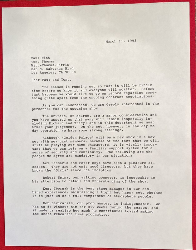 Betty White Personally Owned Golden Girls Golden Palace Letter To Producers