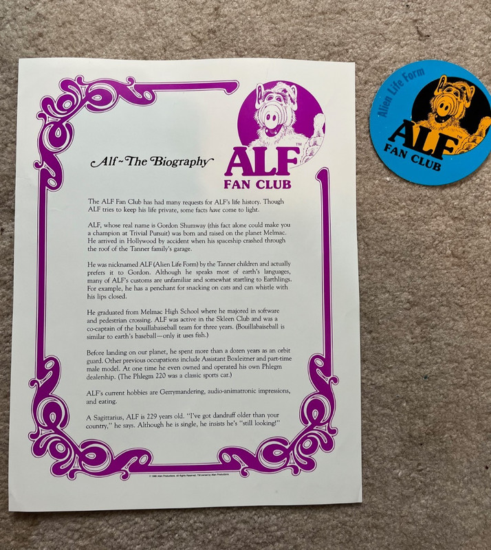 VINTAGE OFFICIAL ALF FAN CLUB KIT CERTIFICE STICKERS MENU POSTERS CARD+more1980s gallery