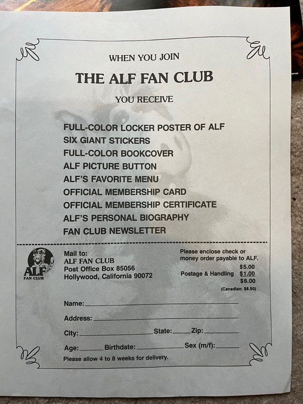 VINTAGE OFFICIAL ALF FAN CLUB KIT CERTIFICE STICKERS MENU POSTERS CARD+more1980s gallery
