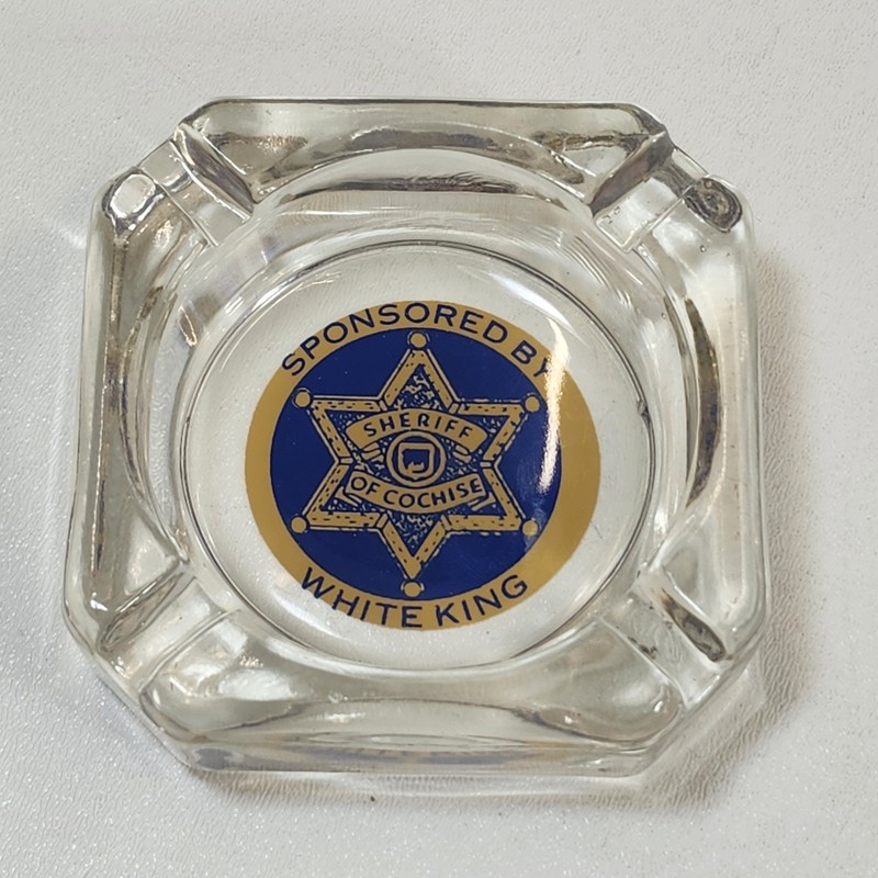 Sheriff of Cochise Ash Tray 50s TV Western White King Vintage Glass Advertising
