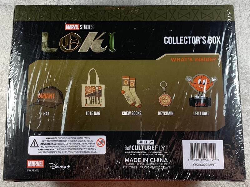 NIB Marvel Culturefly Loki Collectors Box LED Light Hat Tote Bag Keychain Socks gallery
