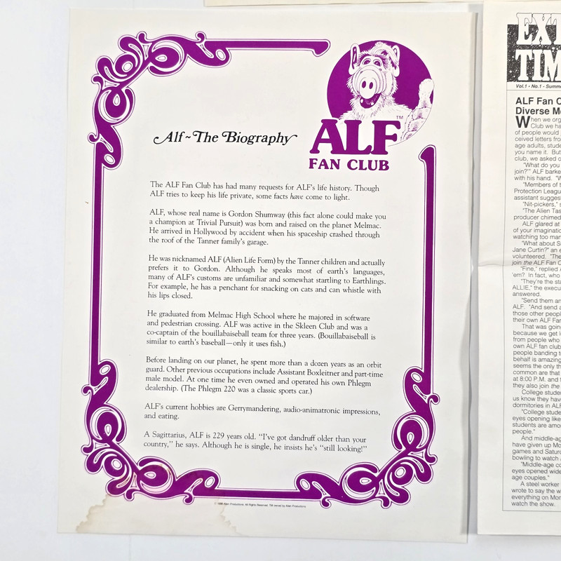 OFFICIAL ALF FAN CLUB KIT STICKERS BUTTON MENU CERTIFICATE BOOK COVER 80s RARE gallery