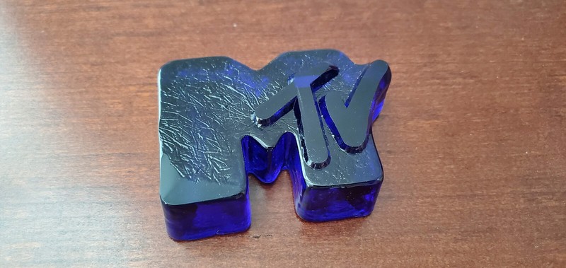 RARE Vintage MTV Blue Glass Paperweight